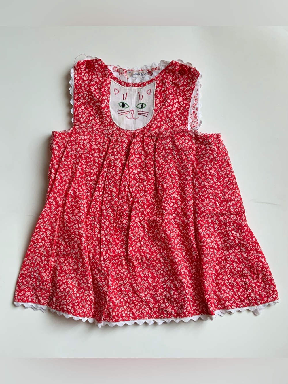 Red Floral Girl's Dress with Embroidered Cat Bib